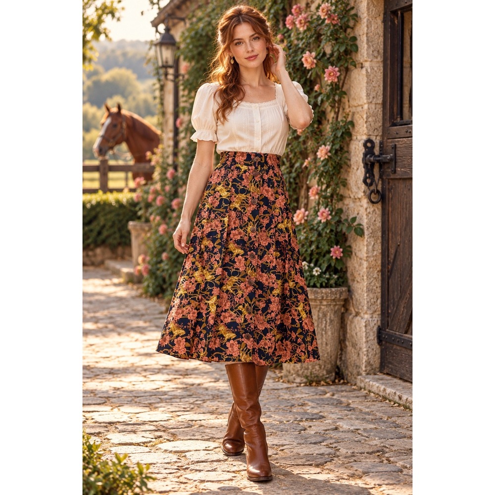 ModCloth Midi Skirt 2 Equestrian Horse Floral Button Front Navy Pink